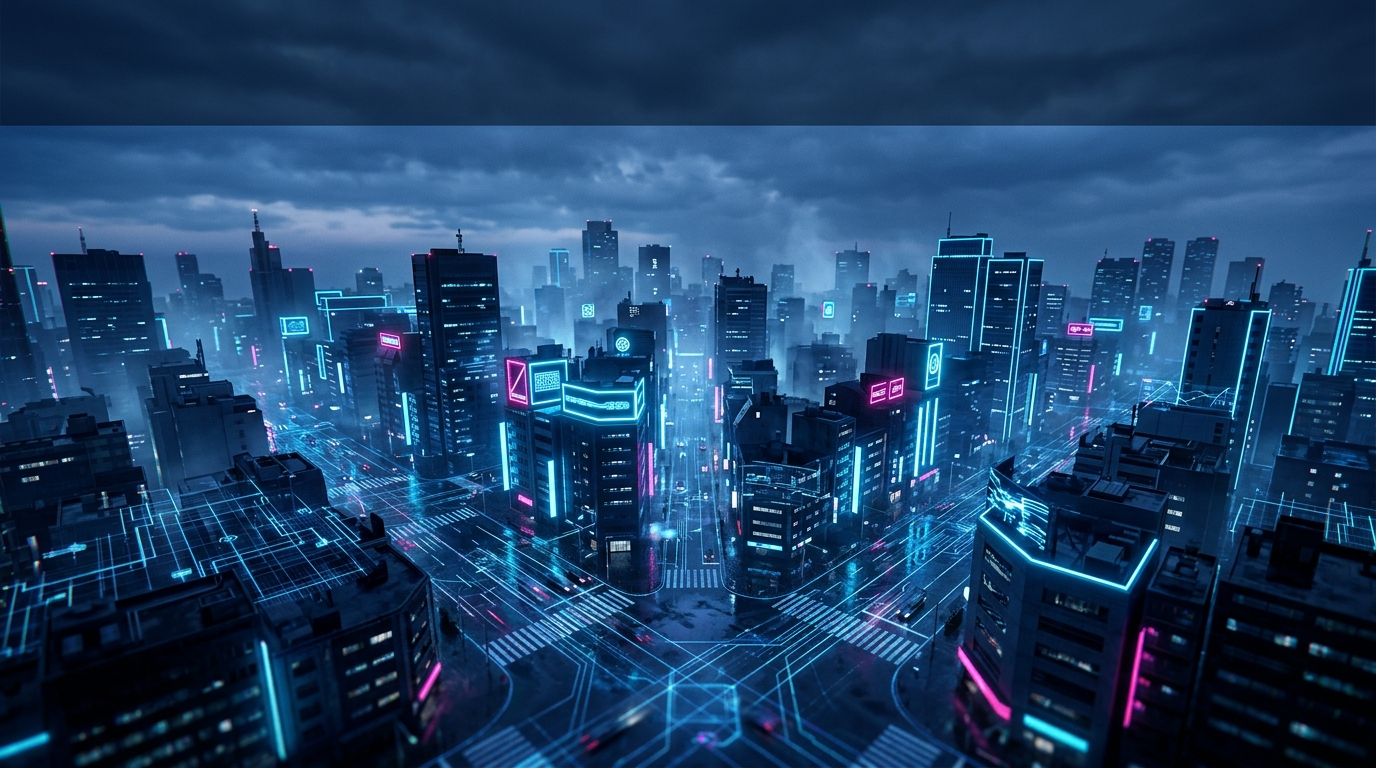 Aerial neon cityscape with a blue data grid