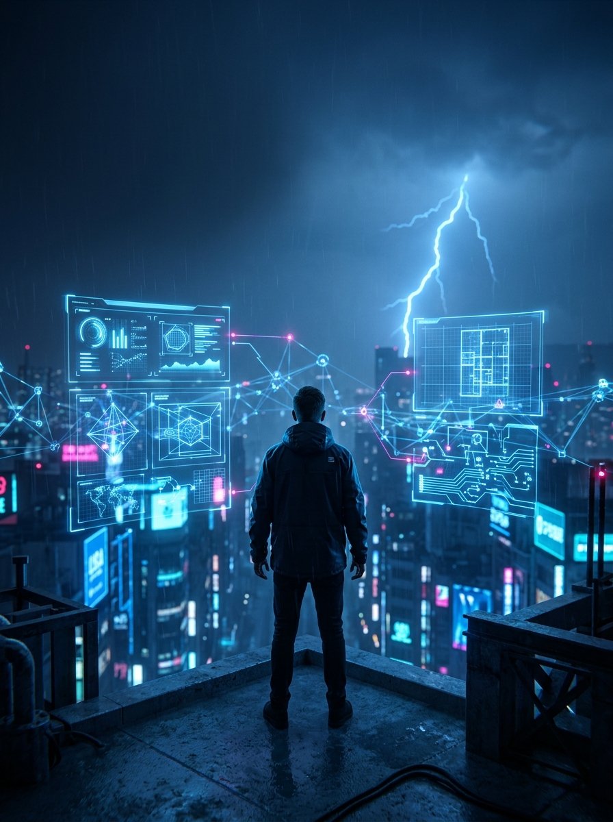 Engineer overlooking a neon city with holographic system dashboards
